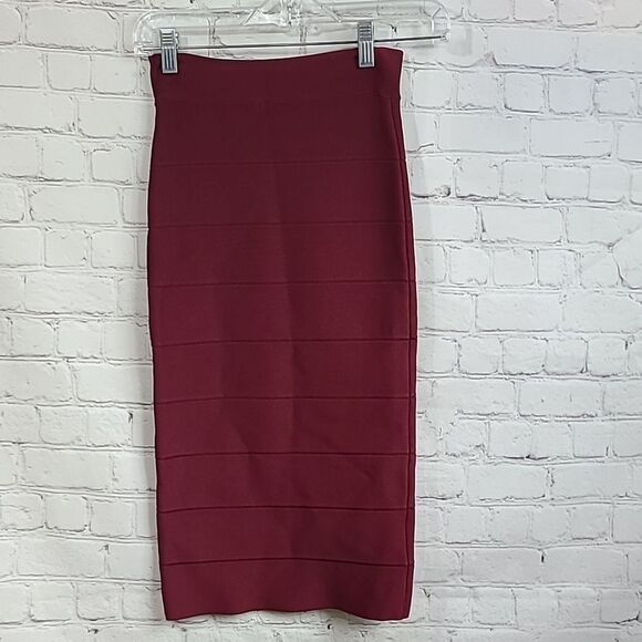 BCBGMaxAzria Leger Bandage Skirt Red Cranberry Bodycon Stretch Pencil Knee - Picture 6 of 8
